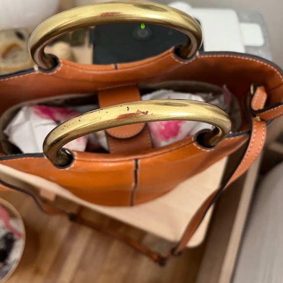 J. Crew Cognac Bucket Bag with Brass/Gold Handle and Crossbody Strap - Picture 2 of 4